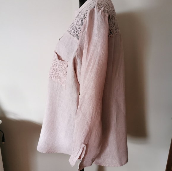 M Made In Italy Pink Linen Lace Shirt Size Medium - Picture 2 of 7